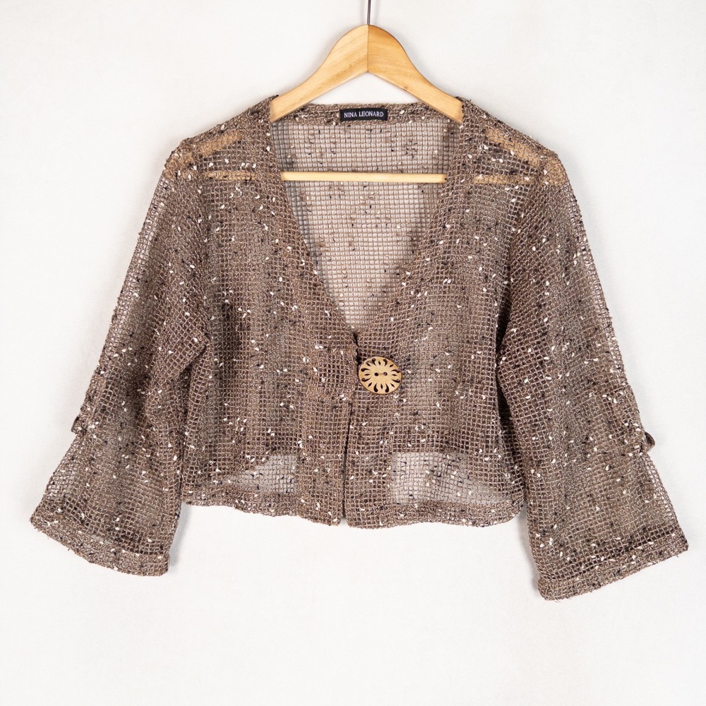 Nina Leonard Womens Shrug Cardigan One Size Brown Open Knit Mesh Button Cropped